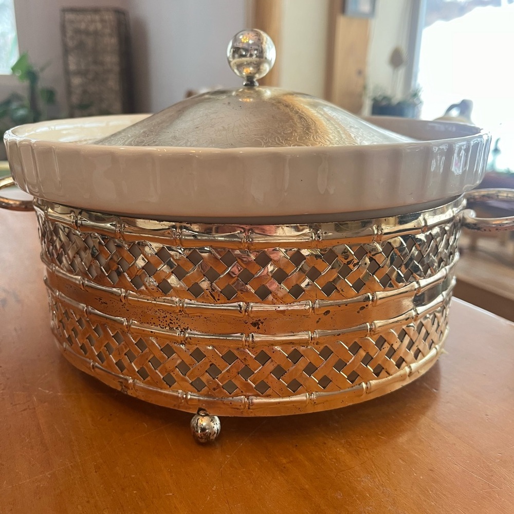 Vintage English Oven-to-Table Covered Casserole w Silver Played Warming Stand